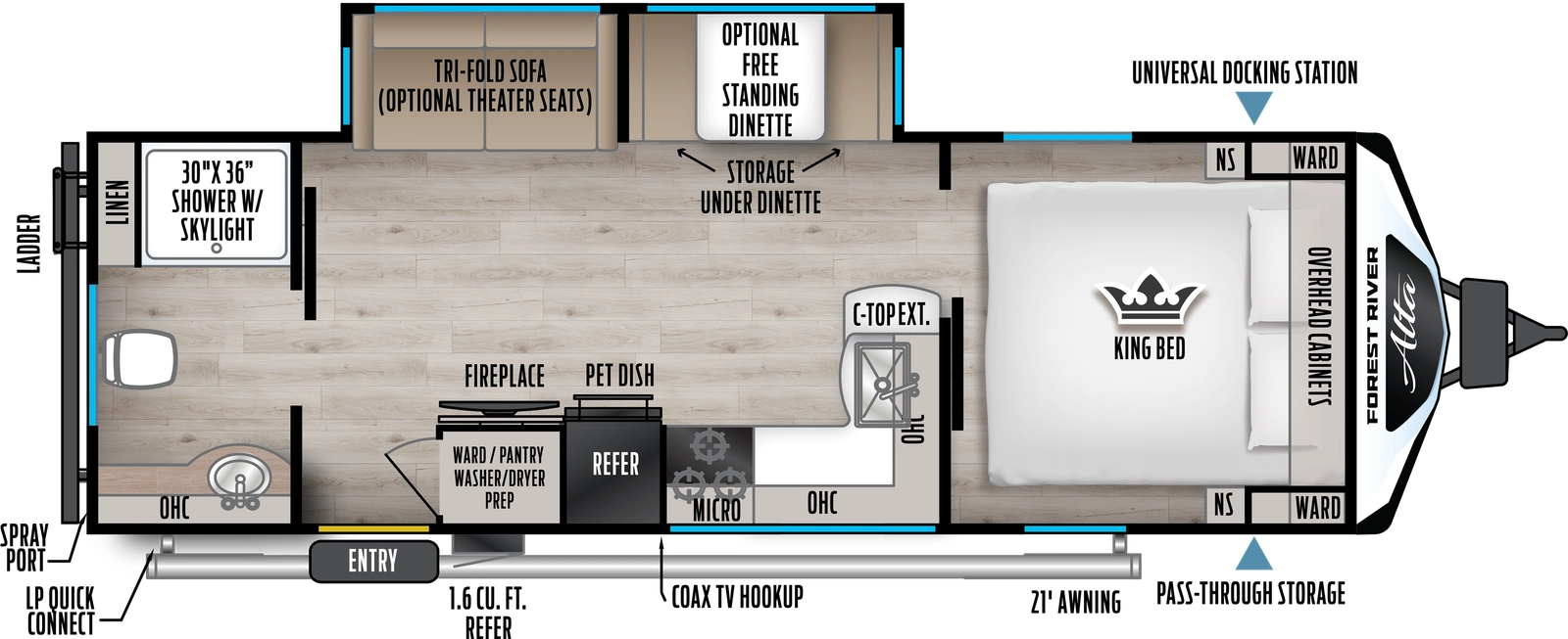 The Alta 2600KRB floorplan has one entry and one slide out. Exterior features include: fiberglass exterior and 21' awning. Interiors features include: free-standing dinette option, front bedroom and rear bathroom.